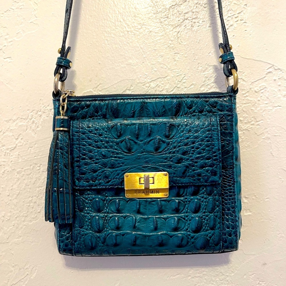 Brahmin Teal Crocodile Embossed Crossbody Bag